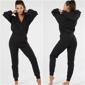 NAMA Enlighten Jumpsuit Faux Wrap Hoodie Jogger Womens Size Small Black Cotton